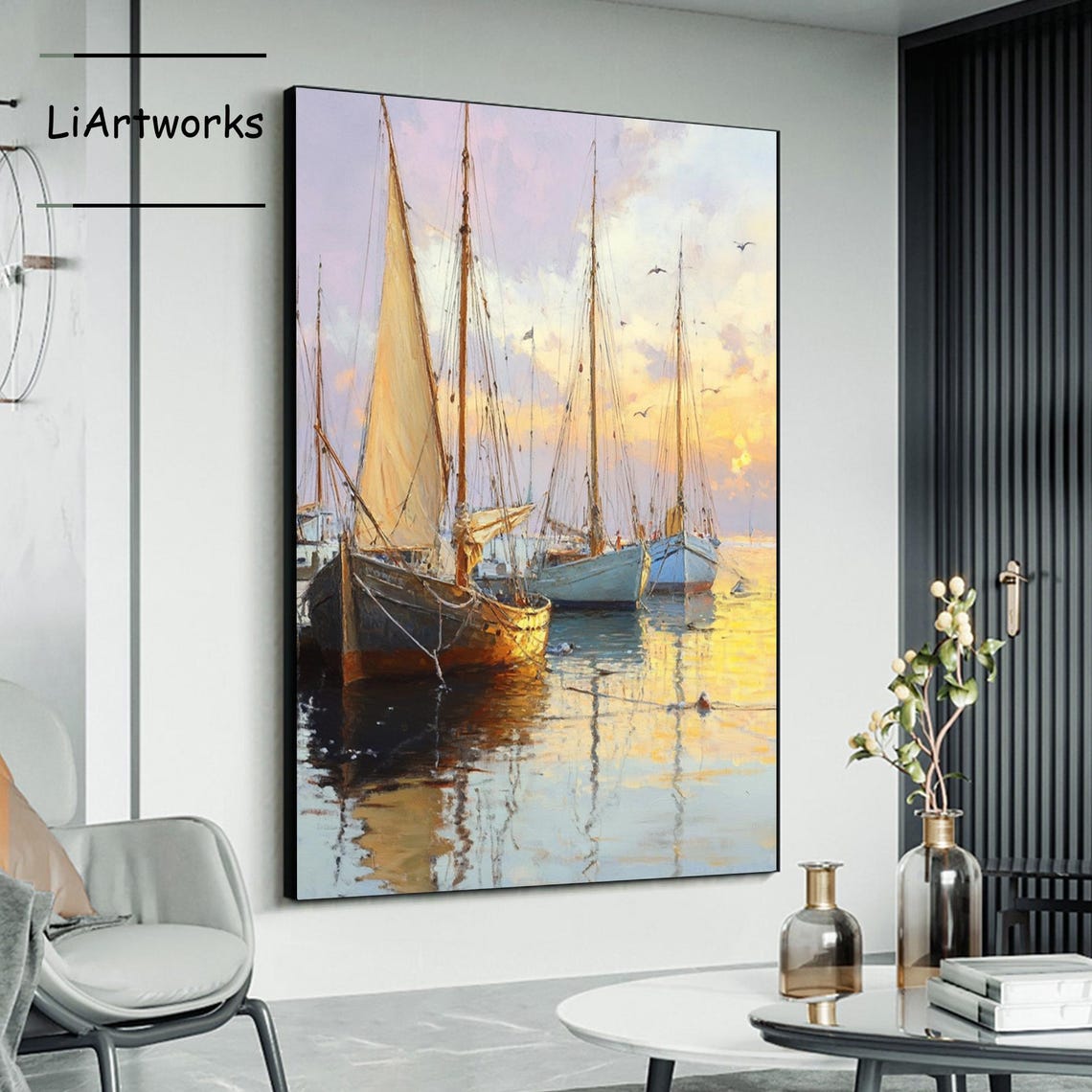 Original Nautical Oil Painting On Sailboat Landscape Painting Modern Seascape Art Sailboats Wall Art Living Room Wall Decor - Image 4