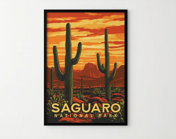 Saguaro National Park Giant Cactus Sunset Desert Travel Poster