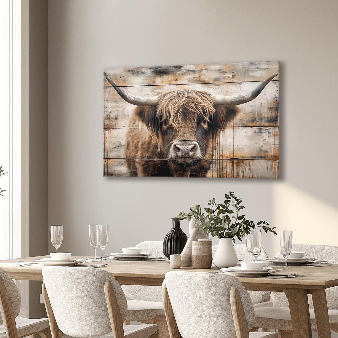 Highland Cow Portrait On Weathered Wood Planks Farmhouse Poster - Image 6
