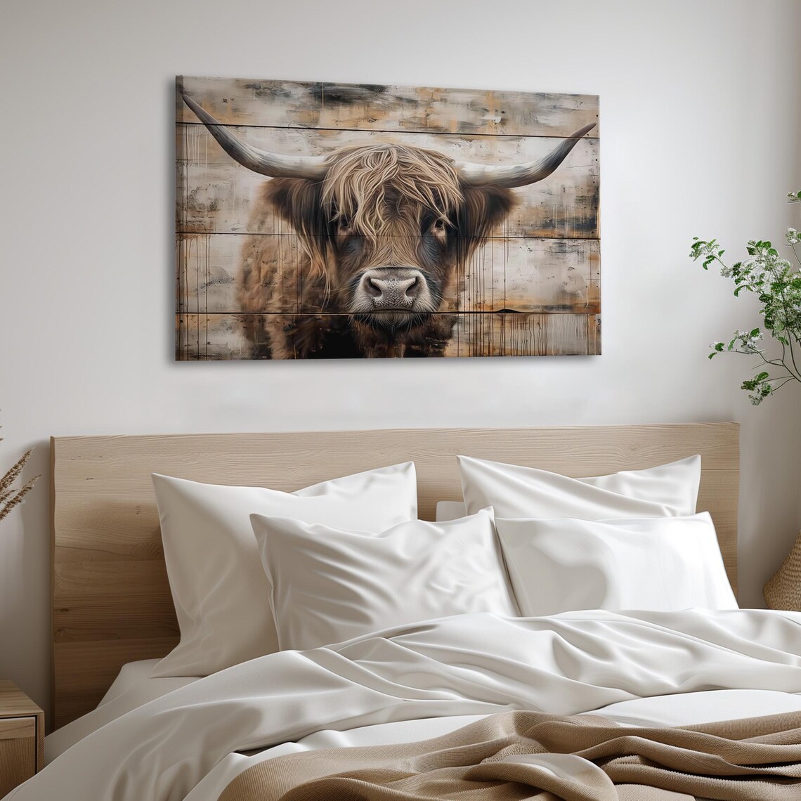 Highland Cow Portrait On Weathered Wood Planks Farmhouse Poster - Image 2