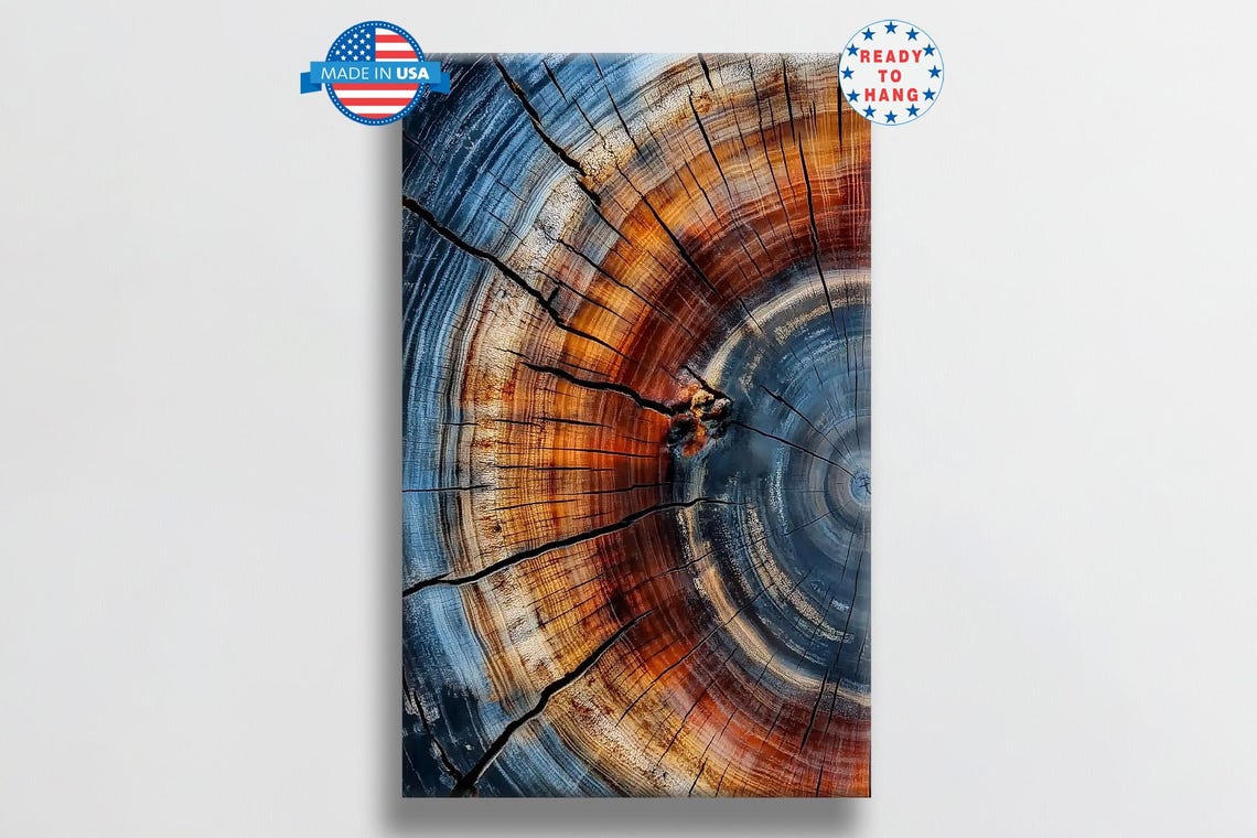 Colorful Tree Ring Cross Section Abstract Blue And Rust Wall Art - Image 6