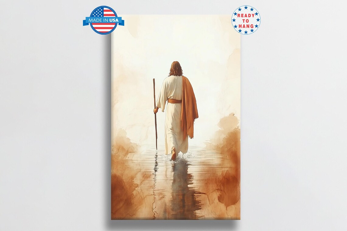 Jesus Walking On Water With Staff In Sepia Watercolor Poster