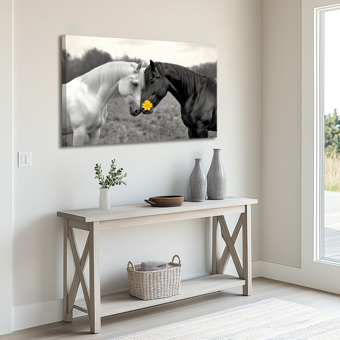 Black And White Horse Couple Nuzzling With Yellow Flower Accent Poster - Image 2
