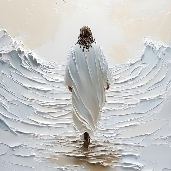 Jesus Walking Away On Water White Impasto Texture Painting Poster