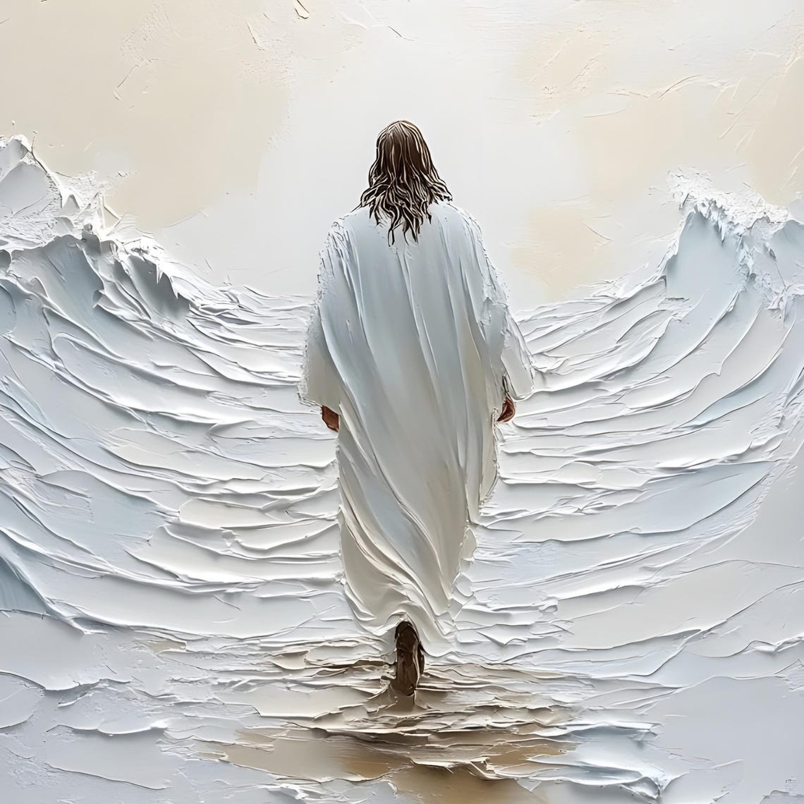 Jesus Walking Away On Water White Impasto Texture Painting Poster