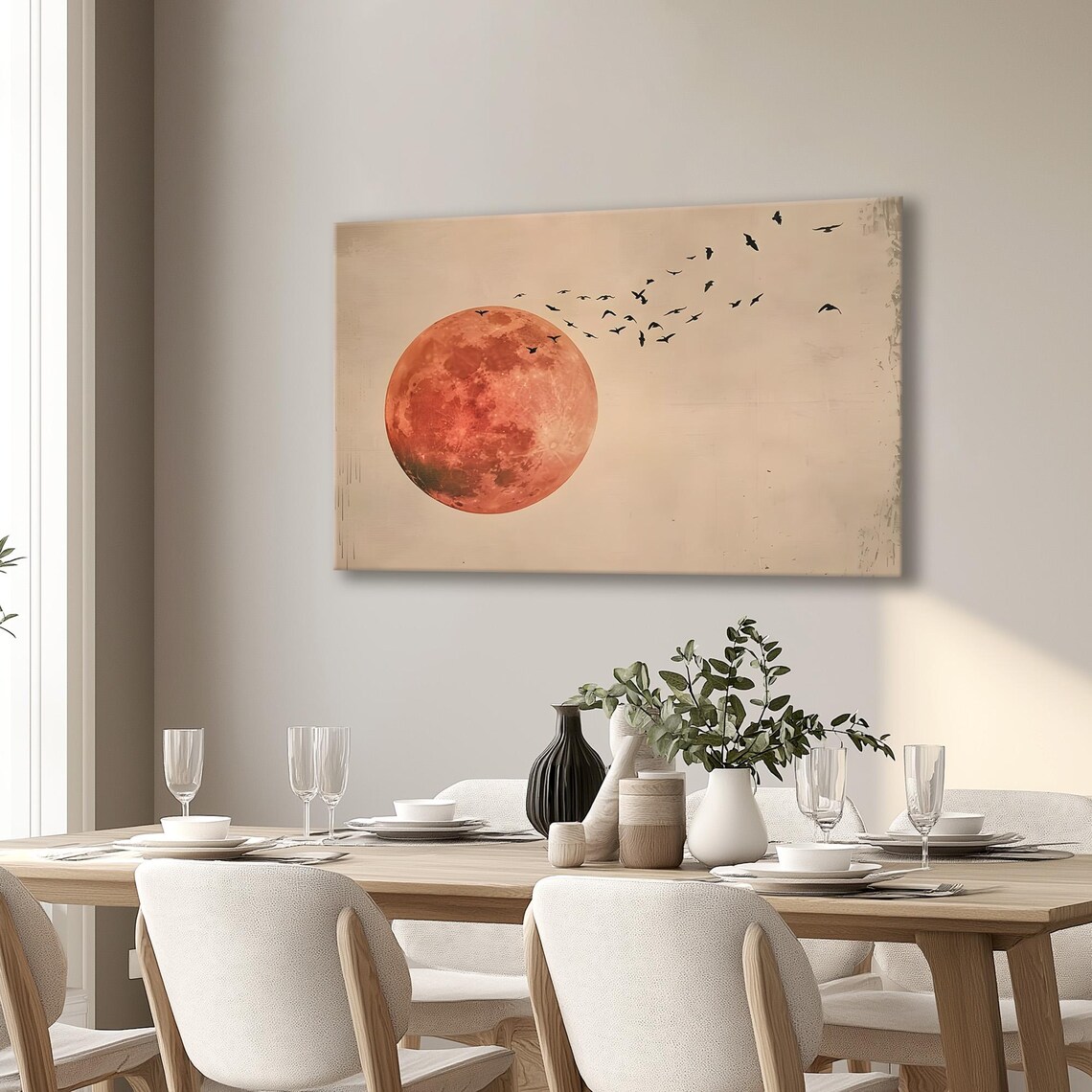 Blood Red Moon With Flock Of Birds Minimalist Canvas Wall Art - Image 5