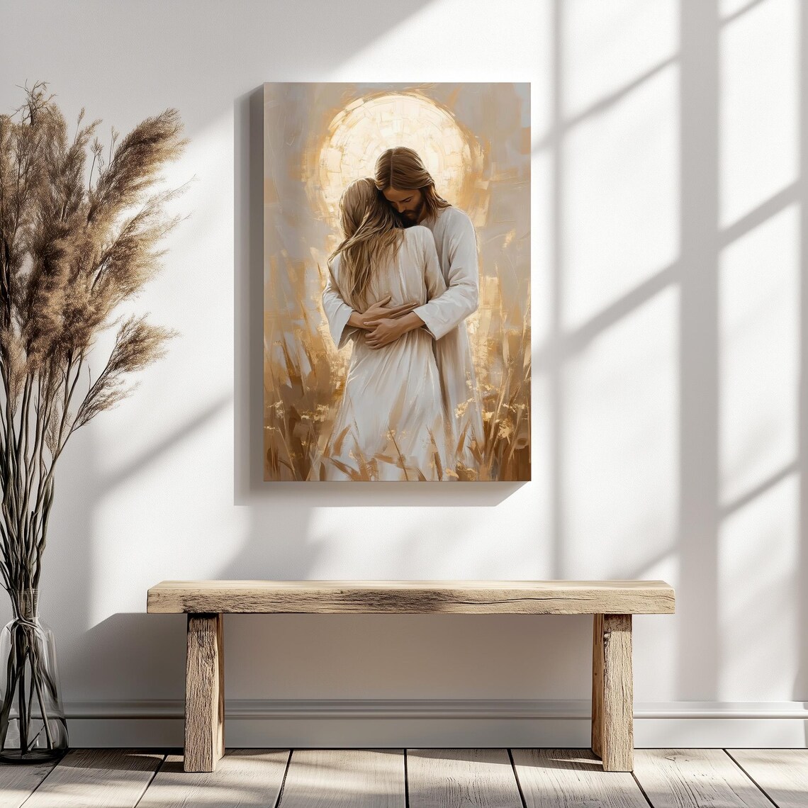 Jesus Embracing Woman Before Golden Halo Over Wheat Field Poster - Image 5