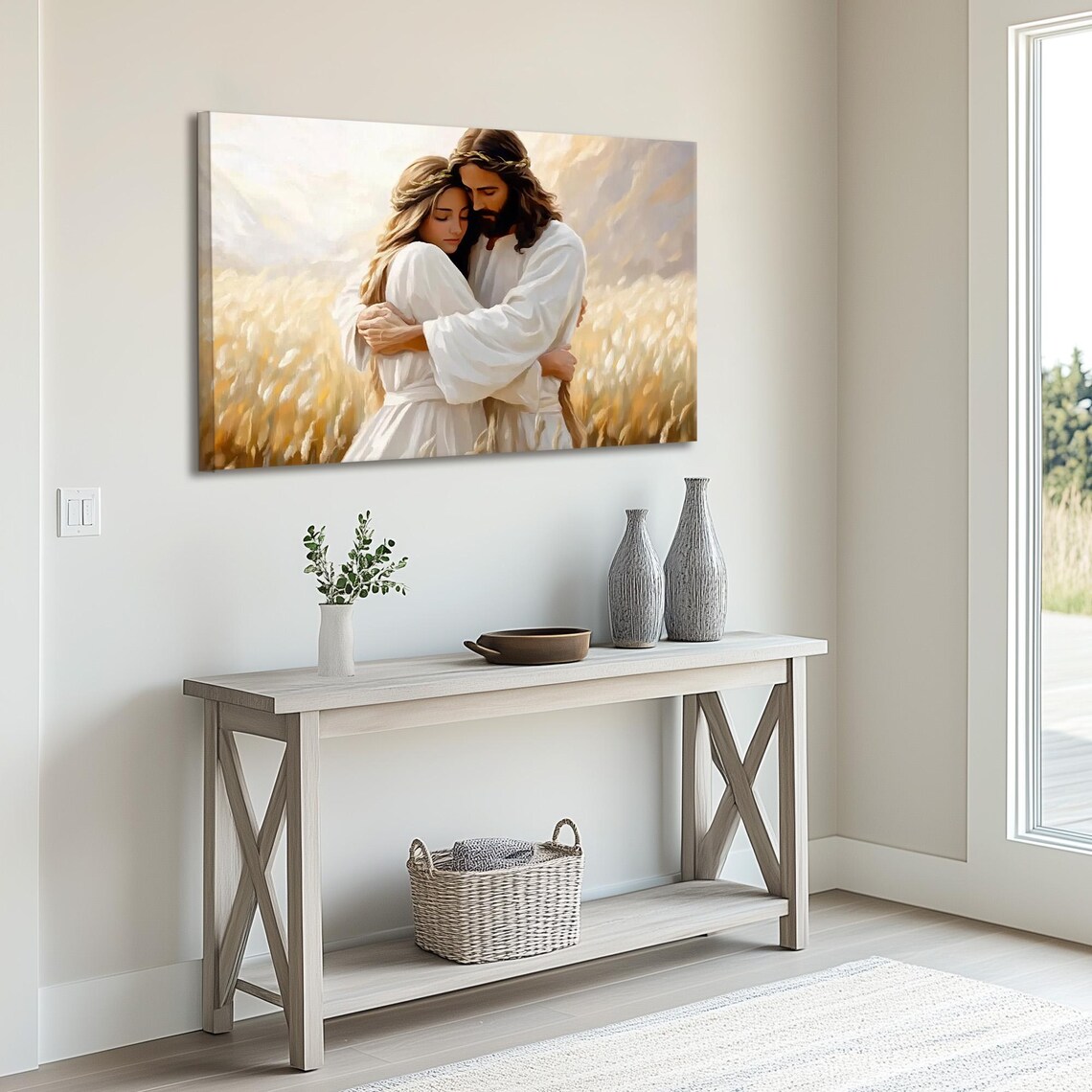 Jesus Embracing Woman in Wheat Field Glowing Christian Art Poster - Image 2