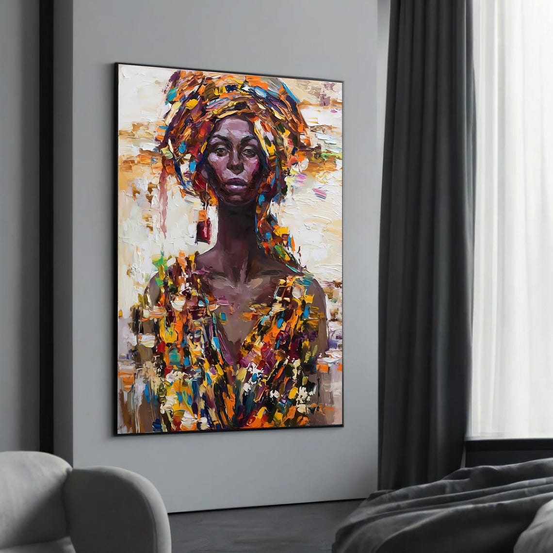 Abstract Ethnic Woman With Vibrant Headwrap Bold Expressionist Canvas Painting Perfect Artistic Gift For Modern Home Decor