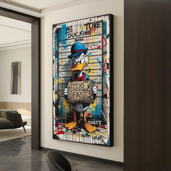 Funny Duck Mugshot Canvas Street Art Style Wall Decor Urban Graffiti Humorous Animal Character Quirky Home Decoration