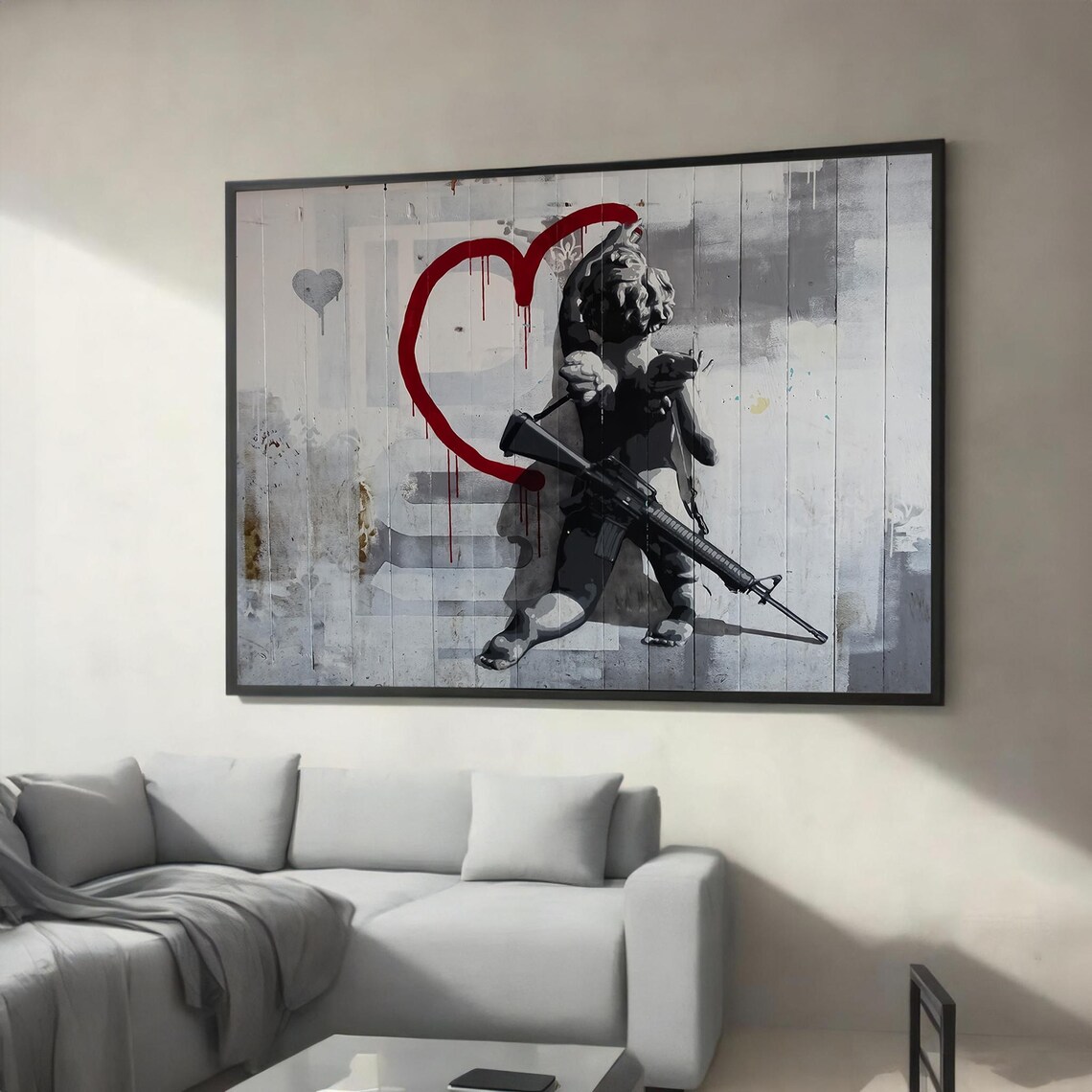 Cherub With Rifle Painting Dripping Red Heart Street Art Poster