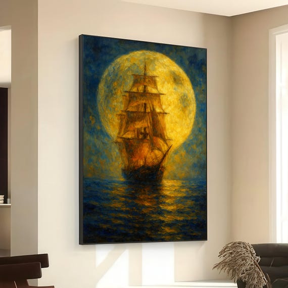 Vintage Sailing Ship Canvas Full Moon Night Sea Nautical Wall Art Maritime Decoration Ocean Landscape Painting