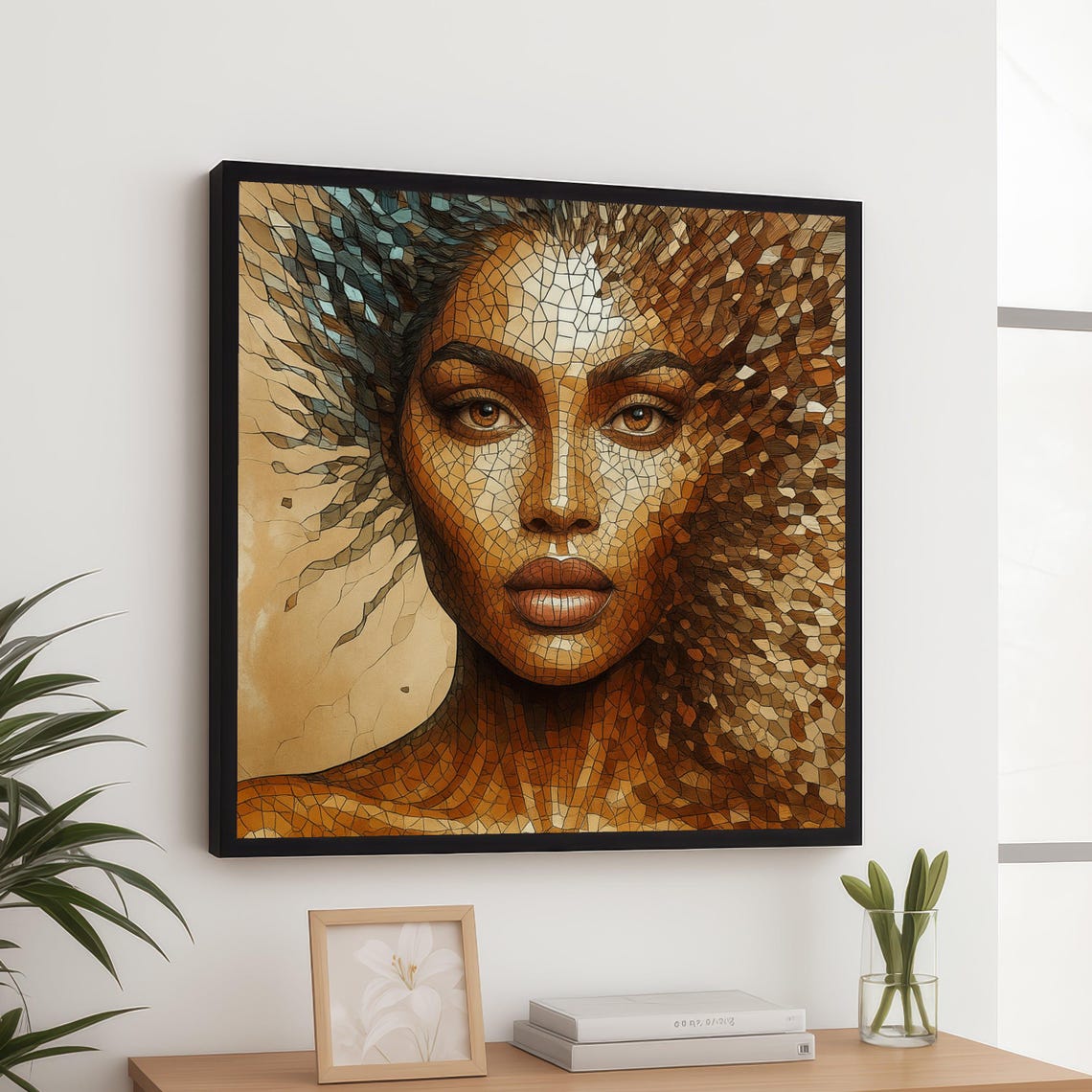 Golden Mosaic Woman Portrait Abstract Tile Face Canvas Wall Art