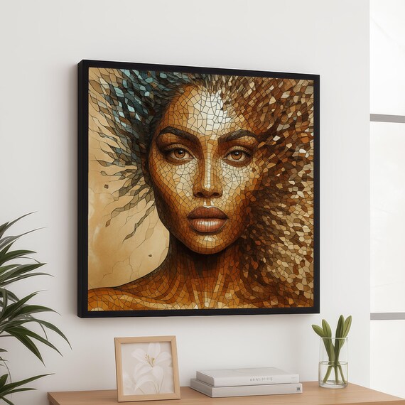 Golden Mosaic Woman Portrait Abstract Tile Face Canvas Wall Art