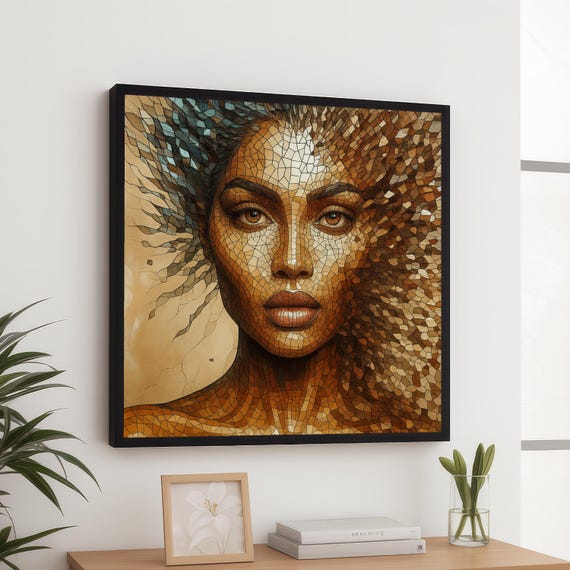 Mosaic Woman Portrait Canvas Abstract Female Face Wall Art Brown Tones Decorative Modern Artistic Home Dcor Ready To Hang