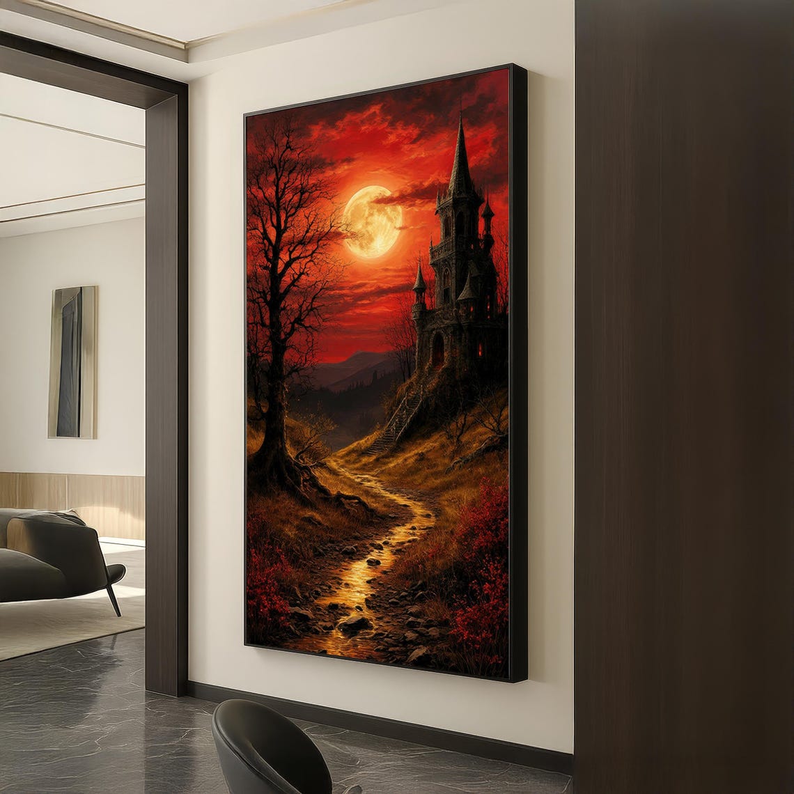 Gothic Castle Under Blood Red Moon Dark Fantasy Night Poster