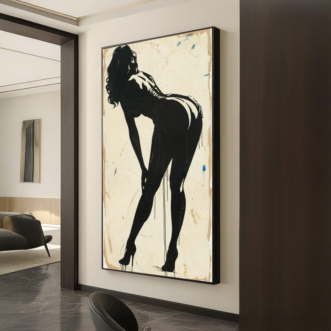 Sensual Woman Silhouette Bending Heels Black Abstract Figure Poster