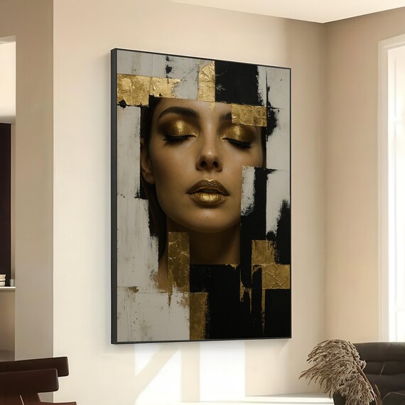 Golden Glamour Woman Portrait Black White Gold Abstract Poster