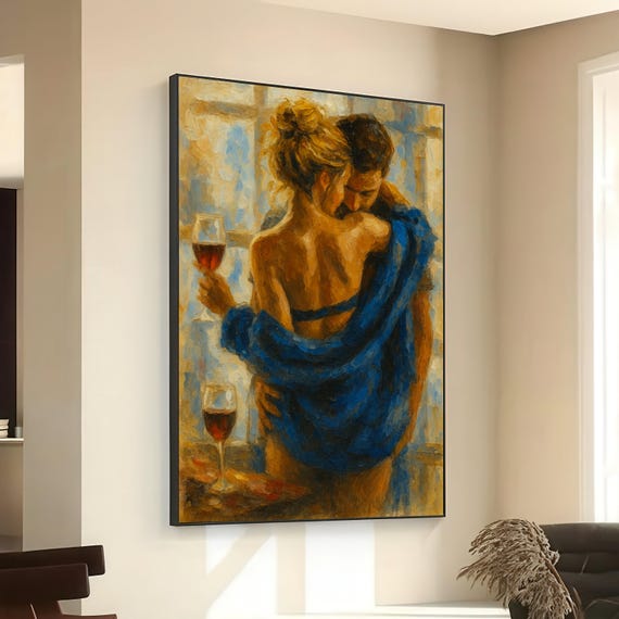 Intimate Embrace Couple Art Print, Modern Impressionist