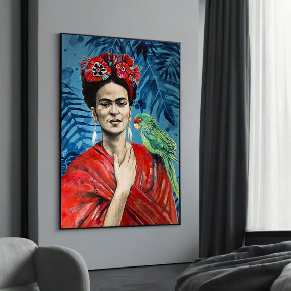 Vibrant Woman Parrot Canvas Bold Red Portrait Wall Art Tropical Inspired Framed Decor Ready To Hang