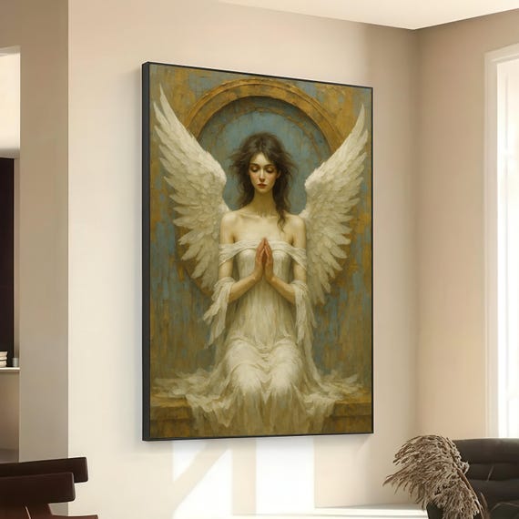 Serene Angelic Woman Praying Angel Canvas Spiritual Wall Art White Wings Painting Ethereal Home Decor Ready To Hang