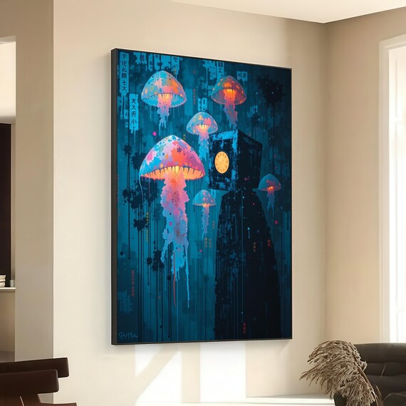 Surreal Jellyfish Glow Futuristic Robot Canvas Neon Light Wall Art Scifi Abstract Modern Home Decoration