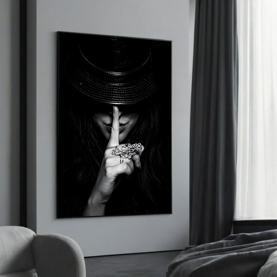 Elegant Woman in Black Hat Minimalist Art Print Bold Noir Style Photo