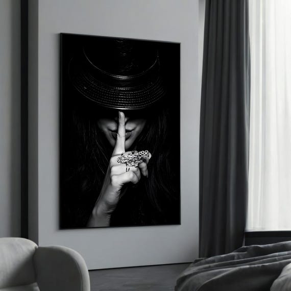 Elegant Woman In Black Hat Mysterious And White Portrait Bold Minimalist Art Unique Wall Decor Modern Canvas Painting