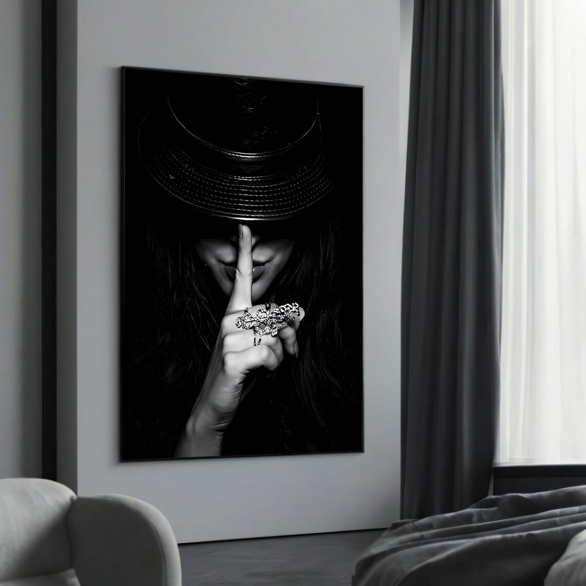 Elegant Woman in Black Hat Minimalist Art Print Bold Noir Style Photo