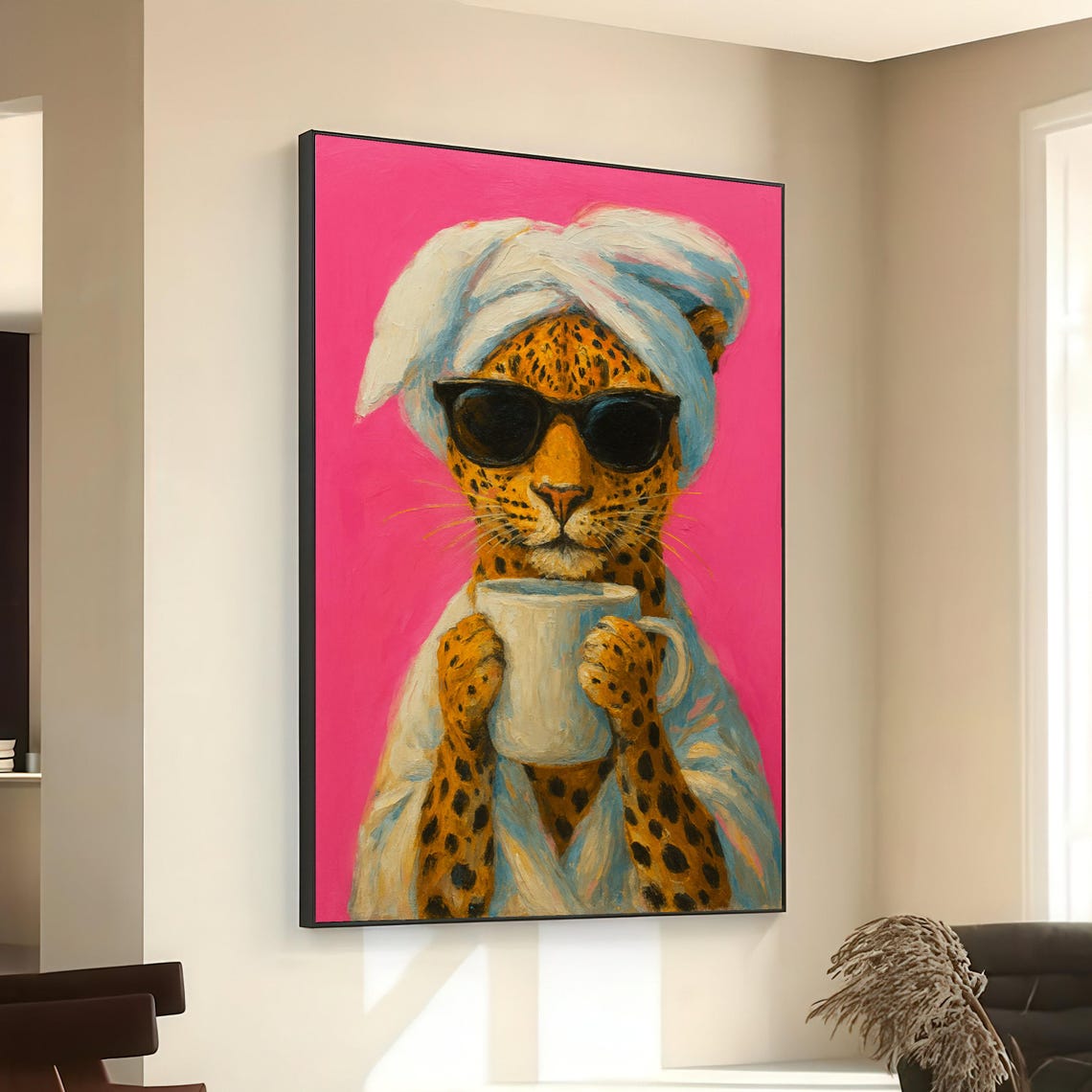 Leopard In Bathrobe Sunglasses Morning Coffee Funny Animal Poster