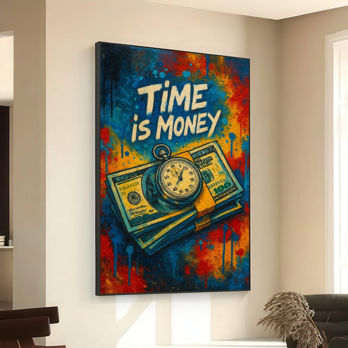 Time Is Money Stopwatch Dollar Bills Graffiti Style Wall Poster
