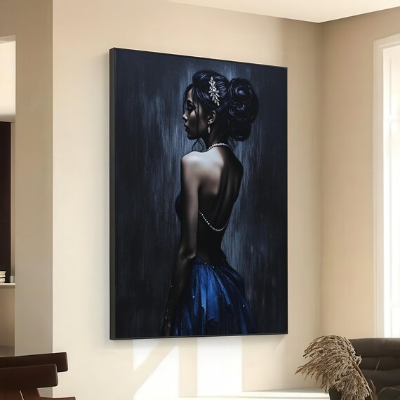 Elegant Woman Dark Glamour Portrait Blue Gown Pearl Jewelry Poster