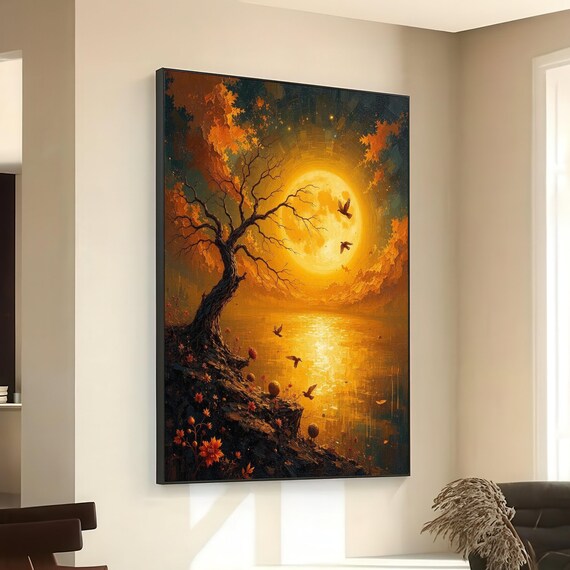Golden Autumn Moon Over Tranquil Lake Flying Birds Warm Impasto Night Poster