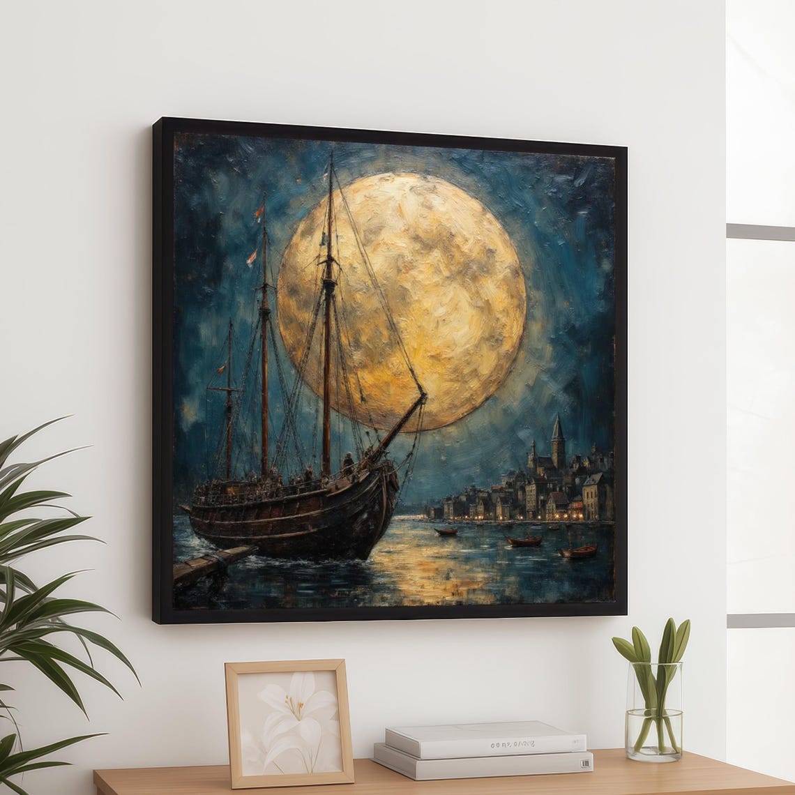 Vintage Sailboat Under Full Moon Moonlit Harbor Nautical Art Poster