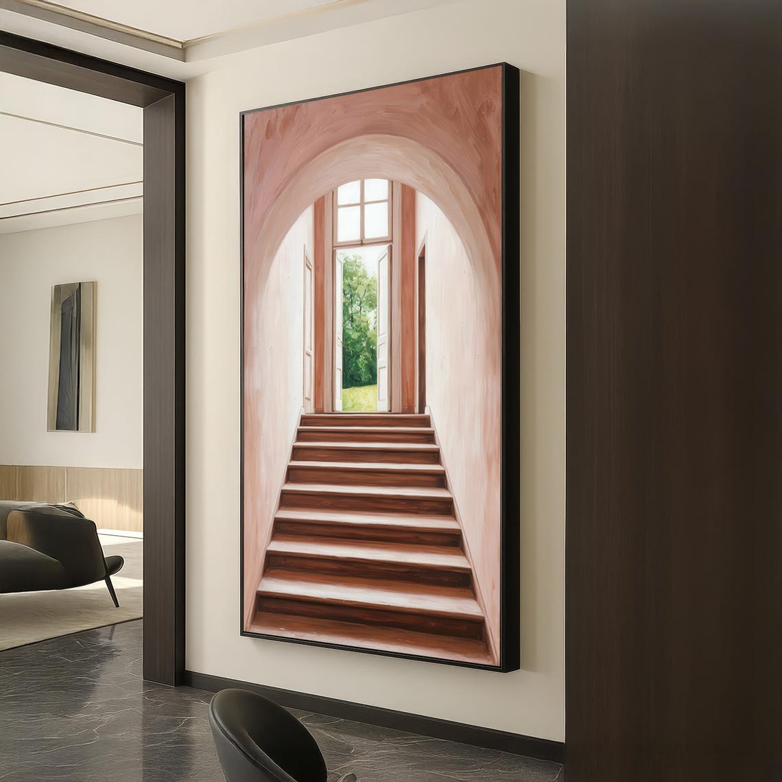 Arched Stairway To Sunlit Garden Door Pastel Interior Art Poster