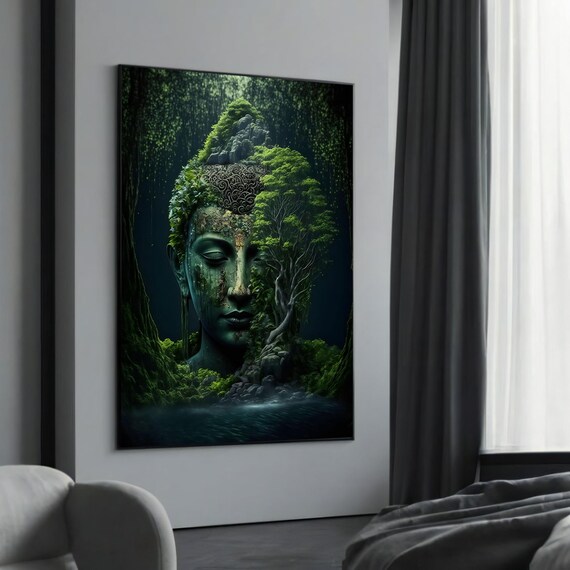 Serene Buddha Face Merging with a Mossy Green Forest Zen Poster