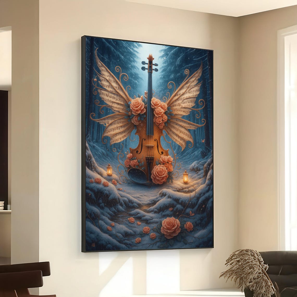 Enchanted Winged Violin Floral Wings Snowy Forest Fantasy Poster