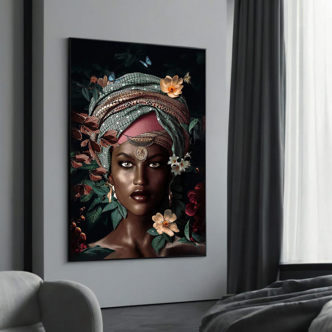 Beautiful Black Woman Floral Headwrap Dark Botanical Art Poster