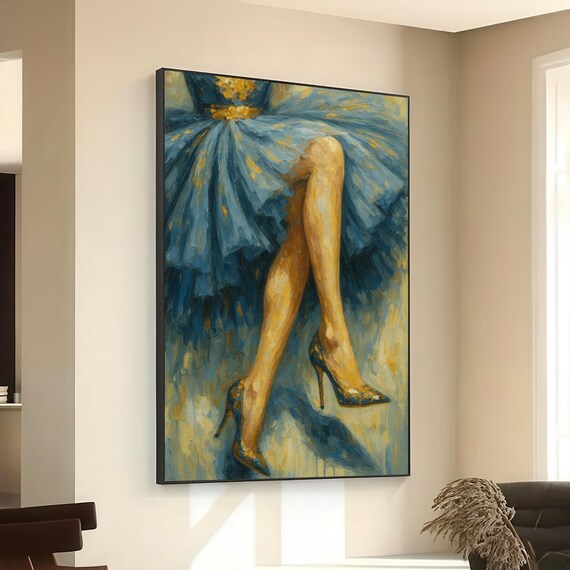 Woman Blue Dress Golden Heels Elegant Legs Fashion Art Poster
