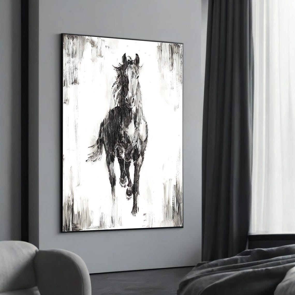 Black and White Horse Galloping Expressive Ink Painting Style Poster