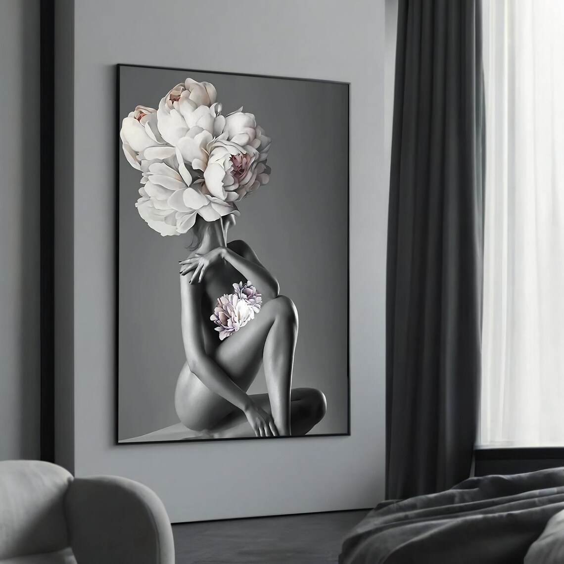 Floral Goddess Peony Head Surreal Feminine Beauty Art Poster