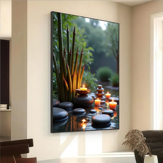 Zen Stones And Candlelight Canvas Wall Art With Bamboo Water Calm Spa Decor For Meditation Room Tranquil Home Atmosphere