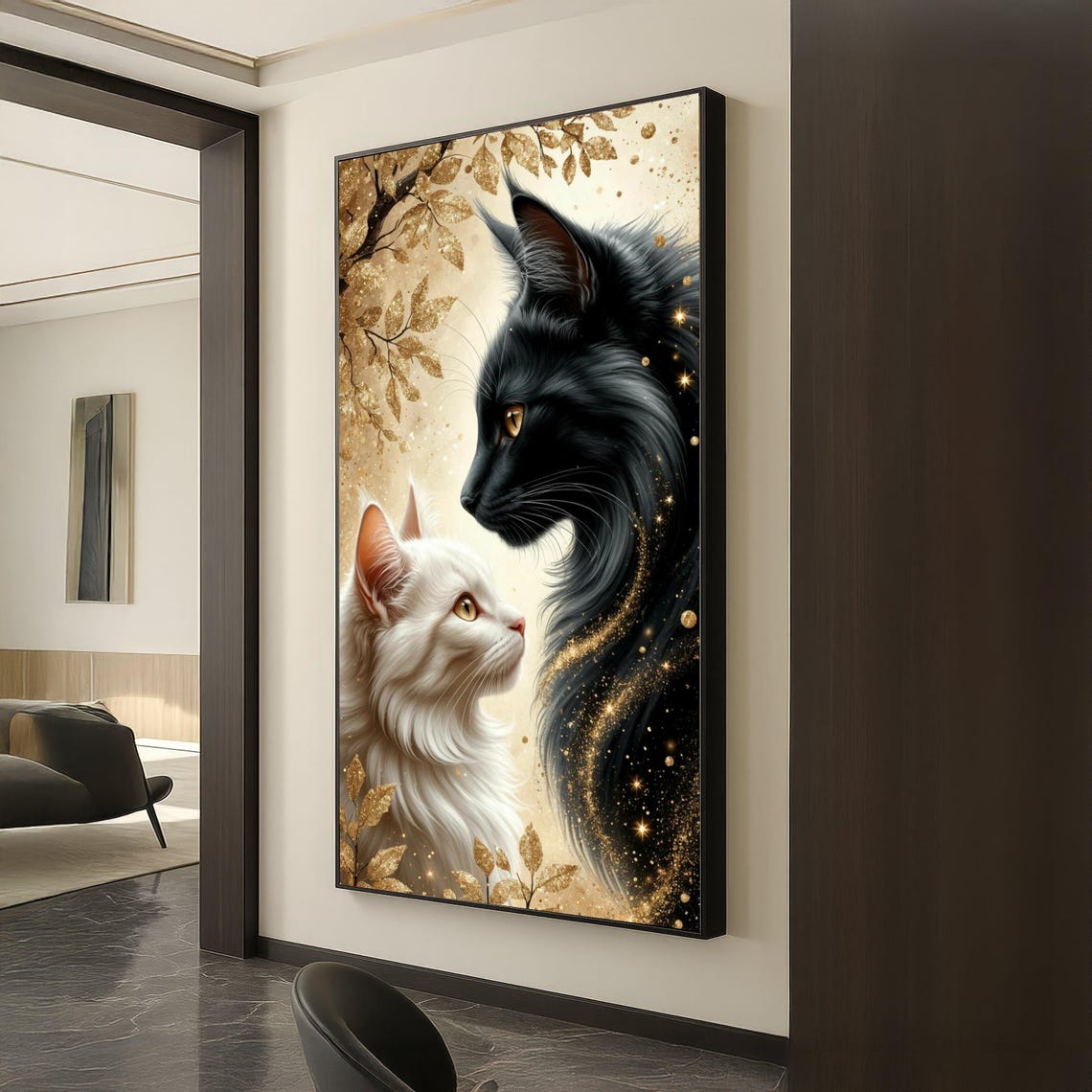 Black and White Cats Gold Leaves Feline Portrait Animal Art Poster