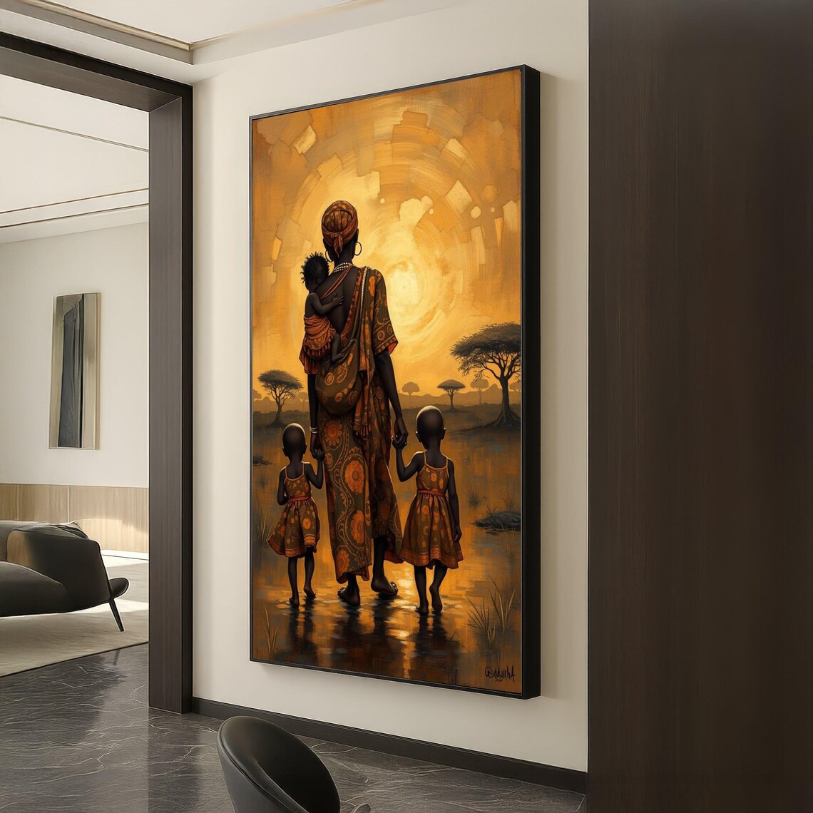 African Mother Children Golden Sunset Savanna Warm Family Art Poster