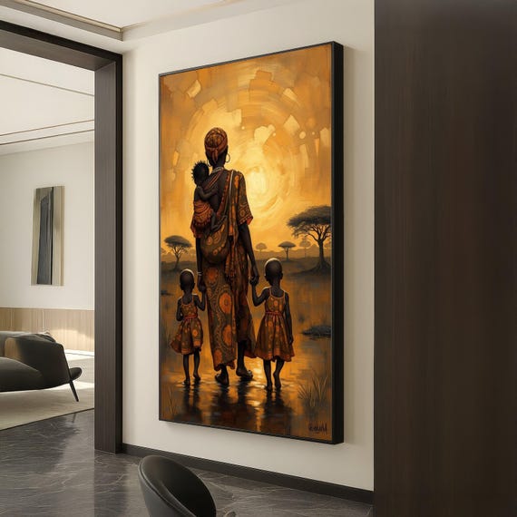 African Mother And Children Canvas Ethnic Family Wall Art Warm Sunset Landscape Cultural Heritage Home Decor Painting