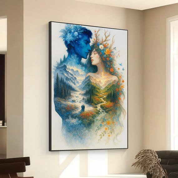 Ethereal Lovers Nature Canvas Fantasy Landscape Wall Art Dual Seasons Illustration Romantic Mountain Scene Floral And Winter Design