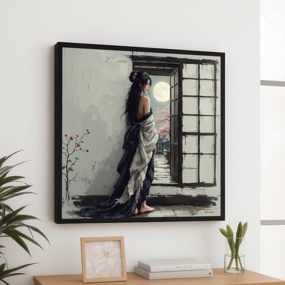 Elegant Woman In Kimono Full Moon Night Canvas Asian Wall Art Cherry Blossom Decor Serene Interior Scene Ready To Hang