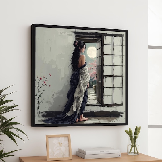 Woman In Kimono Full Moon Night Cherry Blossom Japanese Art Poster