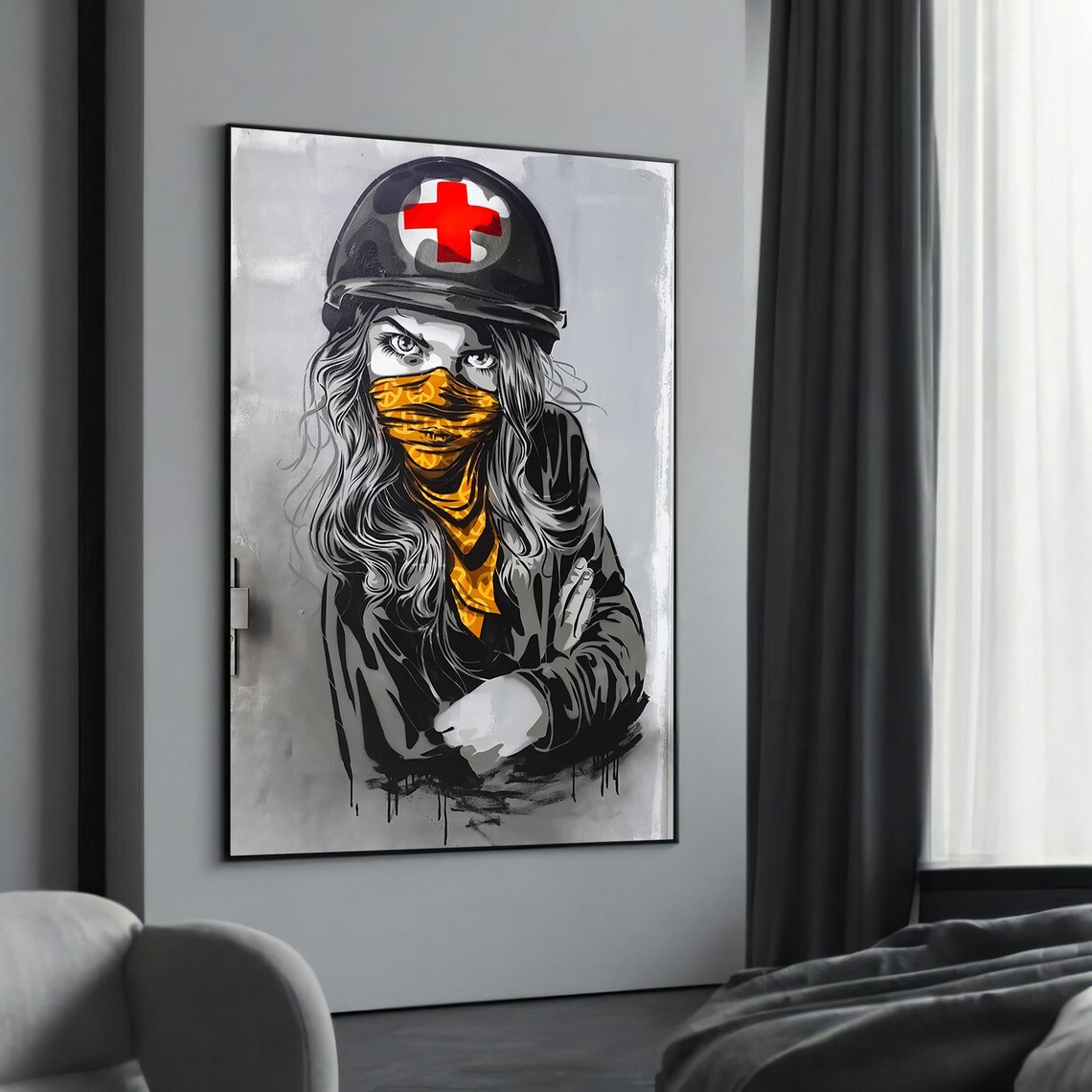 Rebel Nurse with Red Cross Helmet and Bandana Street Art Poster