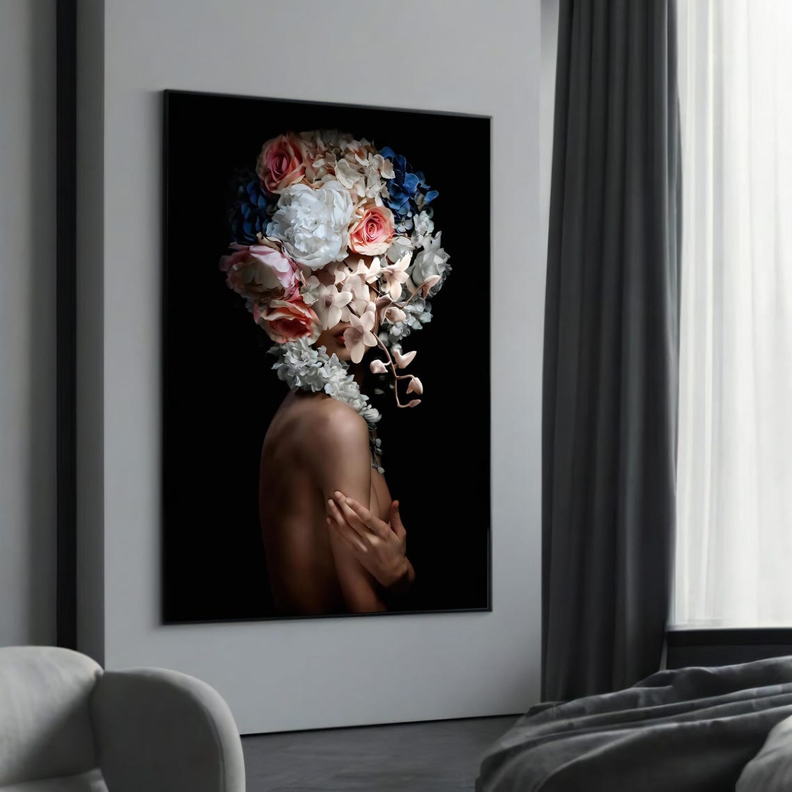 Floral Head Woman Rose Bloom Surreal Botanical Portrait Wall Art